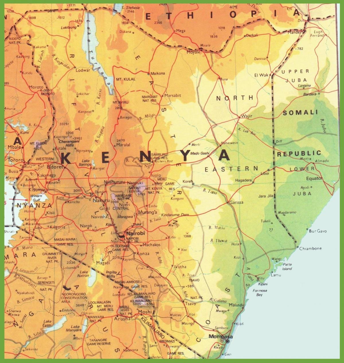mapa do Quénia, mostrando cidades