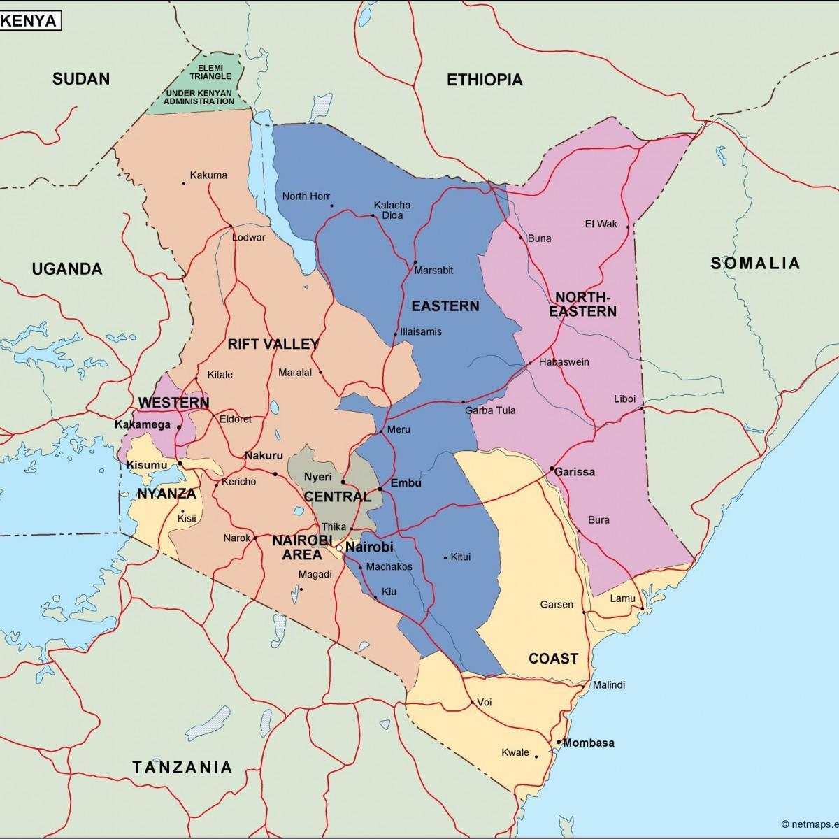 mapa do Quénia, mostrando rios