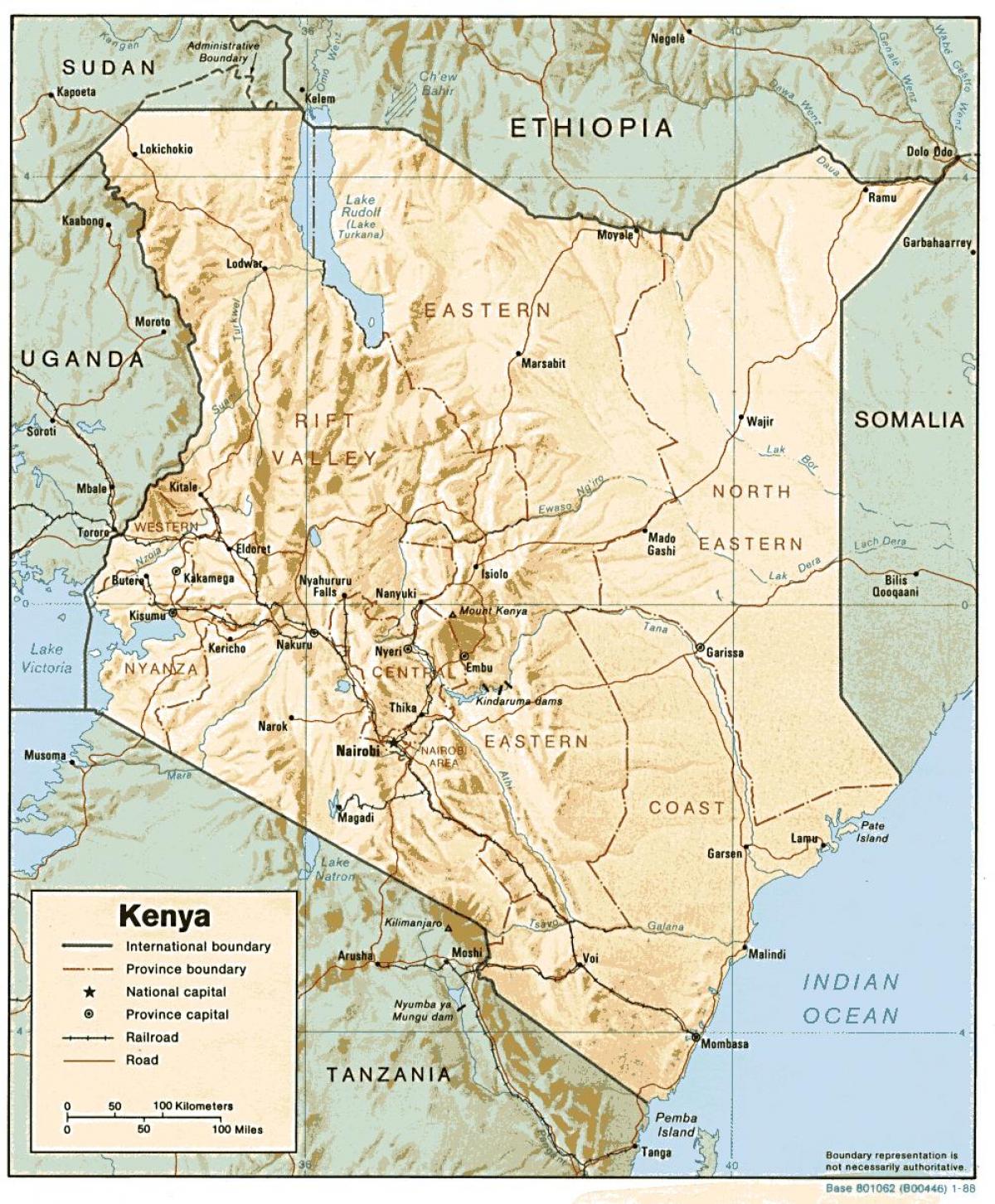 mapa do Quénia, mostrando as principais cidades