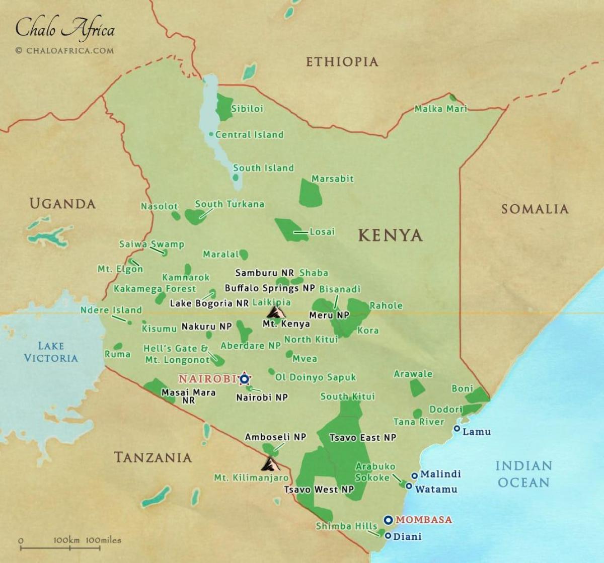 mapa do Quénia, parques nacionais e reservas